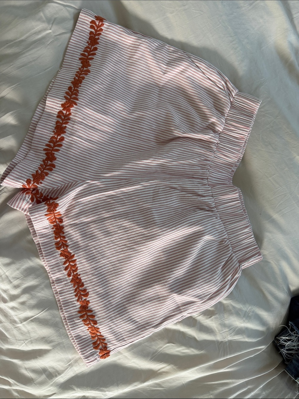 High-Waist Pink Stripe Shorts with Orange Floral Trim
